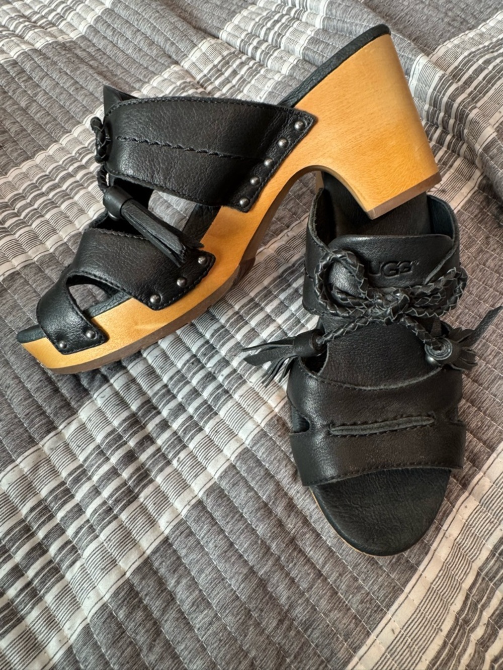 UGG Black Leather Braided Slide Mules
